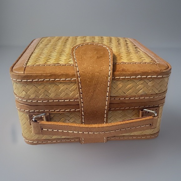 Vintage Woven Bamboo Vanity Case Leather Trim Retro Travel Makeup Bag 6x6 - Picture 5 of 10